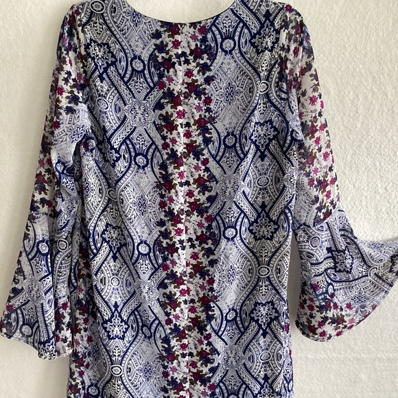 Y2K Speechless Red Blue White Paisley Print Bell Sleeve Boho Lined Mini Dress L - Picture 6 of 7